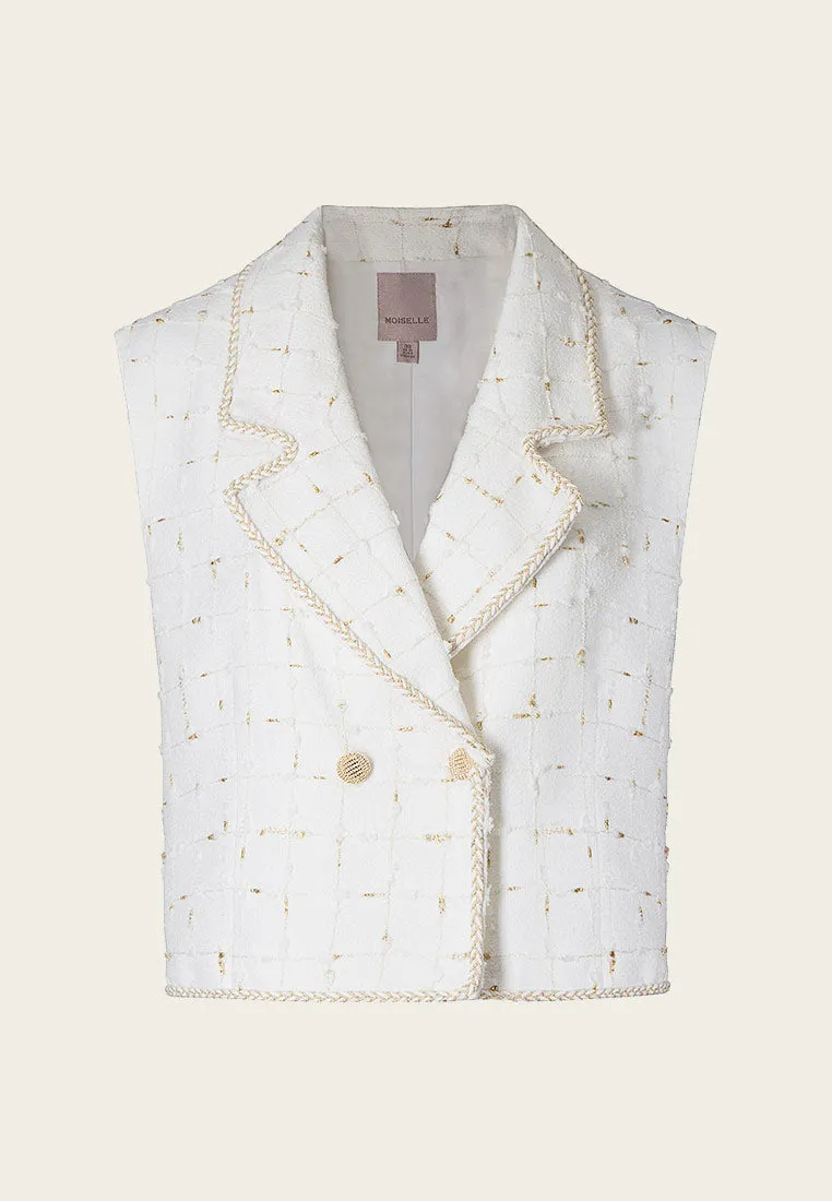 White and Gold Sleeveless Lapel Crop Vest
