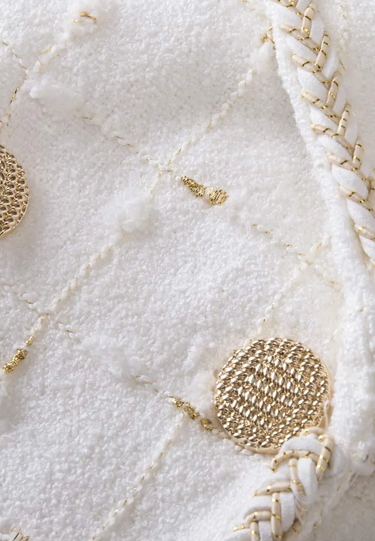 White and Gold Sleeveless Lapel Crop Vest