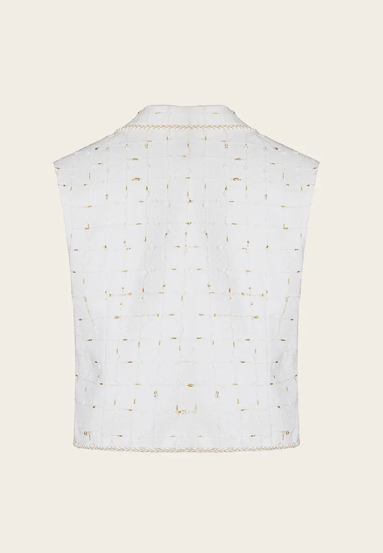 White and Gold Sleeveless Lapel Crop Vest