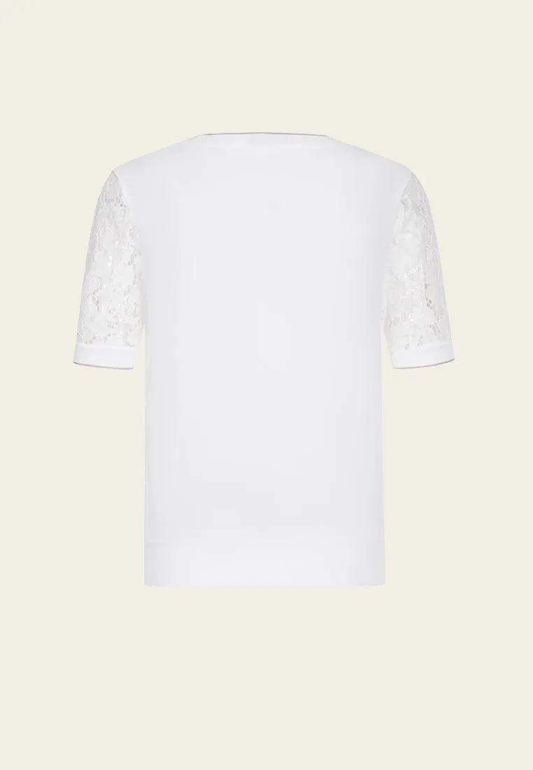 White Crew Neck Lace Knit Top