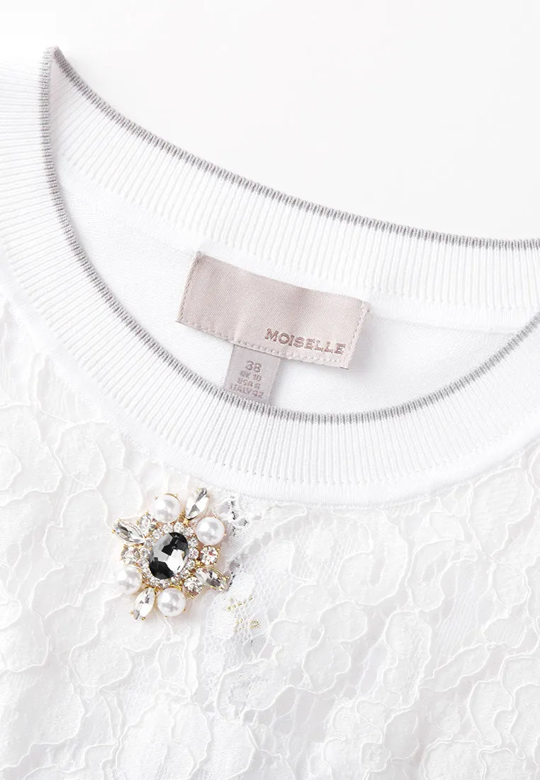 White Crew Neck Lace Knit Top