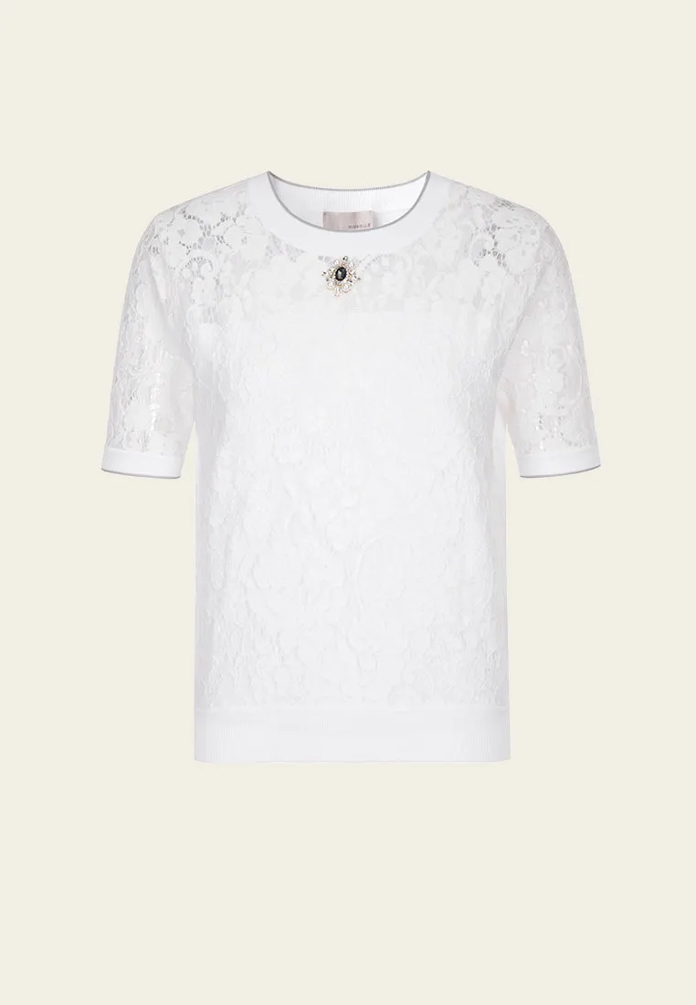 White Crew Neck Lace Knit Top