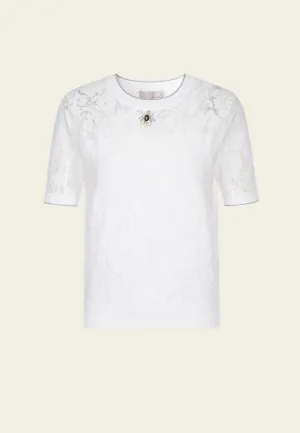 White Crew Neck Lace Knit Top
