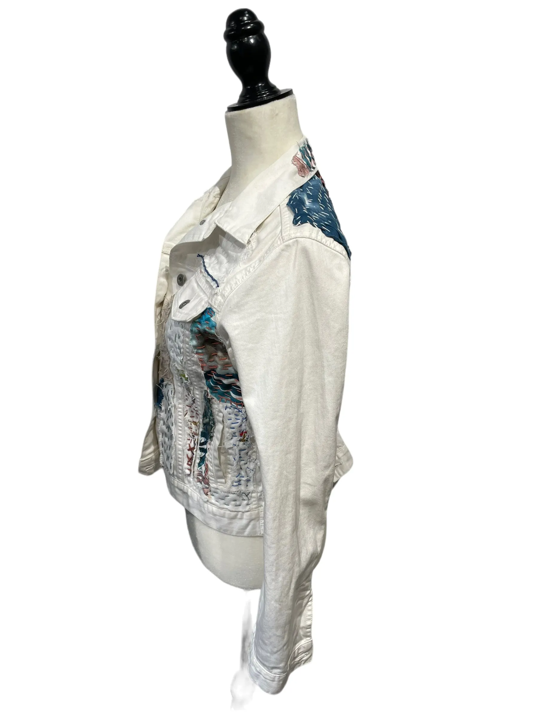 White Denim Jacket with linen vintage  textiles