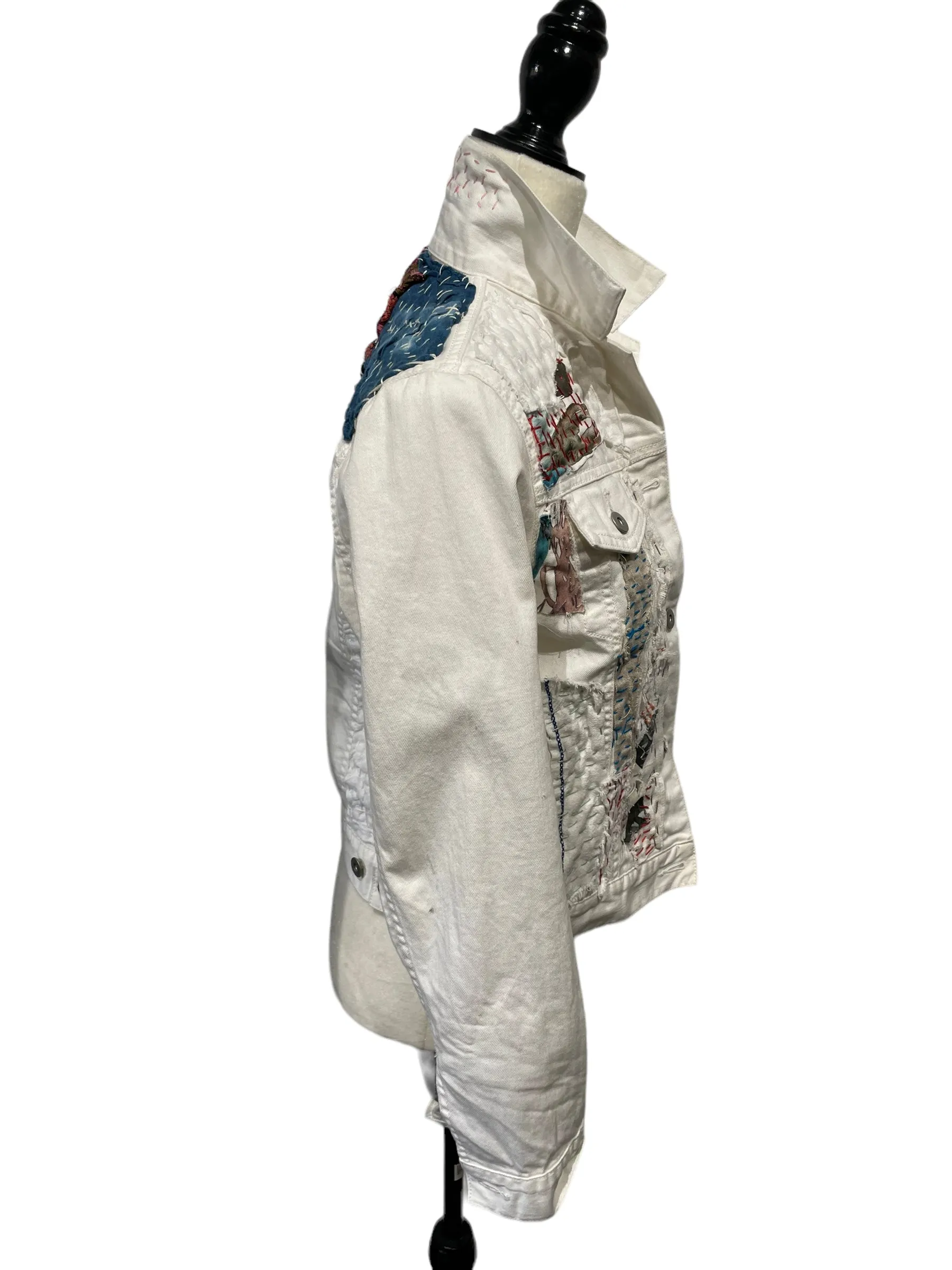 White Denim Jacket with linen vintage  textiles