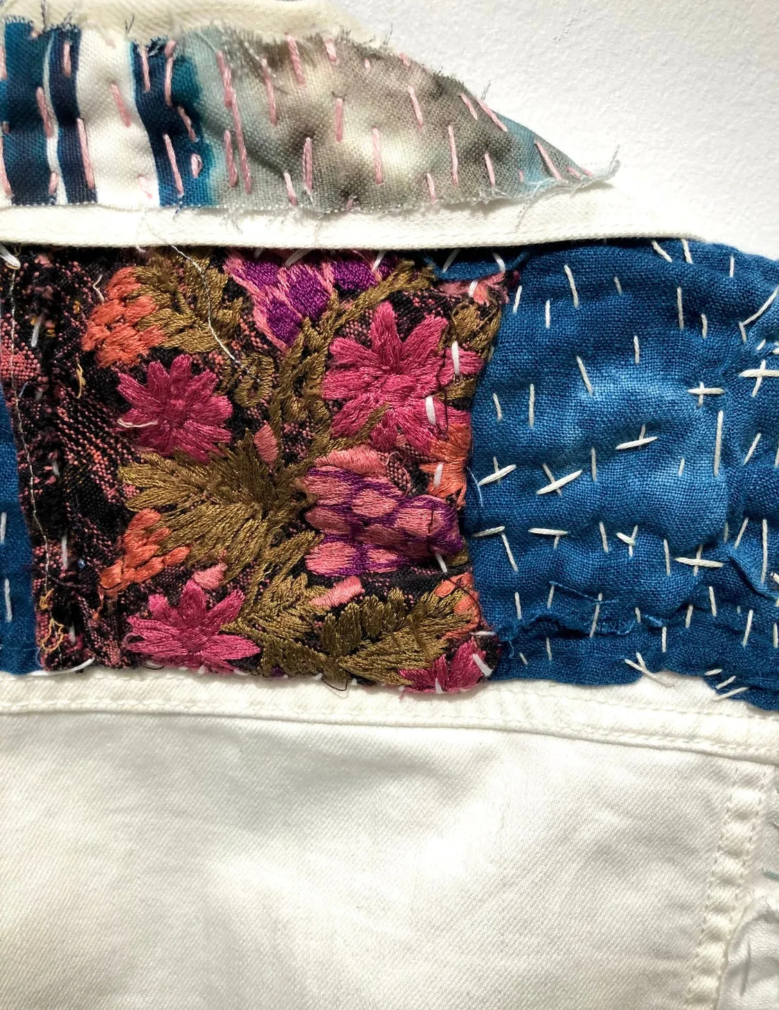 White Denim Jacket with linen vintage  textiles