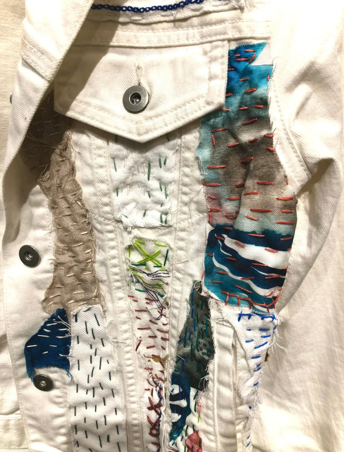 White Denim Jacket with linen vintage  textiles