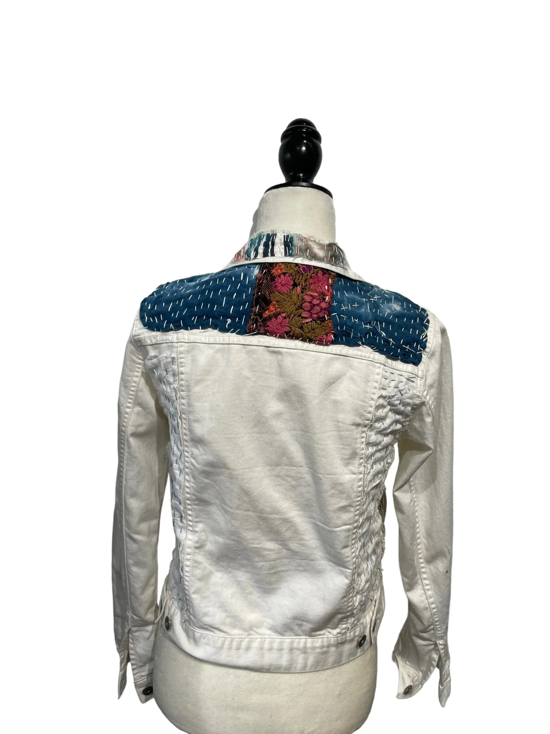 White Denim Jacket with linen vintage  textiles