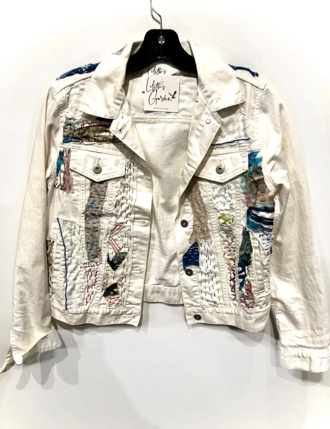 White Denim Jacket with linen vintage  textiles