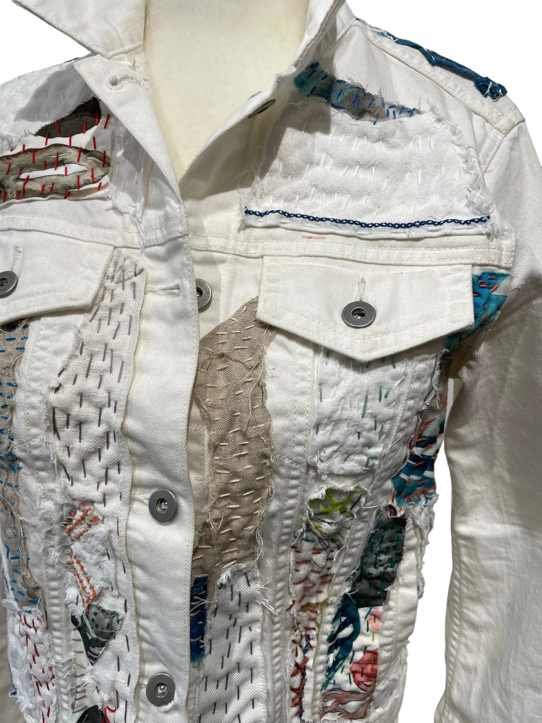 White Denim Jacket with linen vintage  textiles