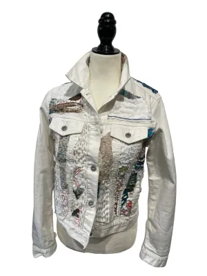 White Denim Jacket with linen vintage  textiles