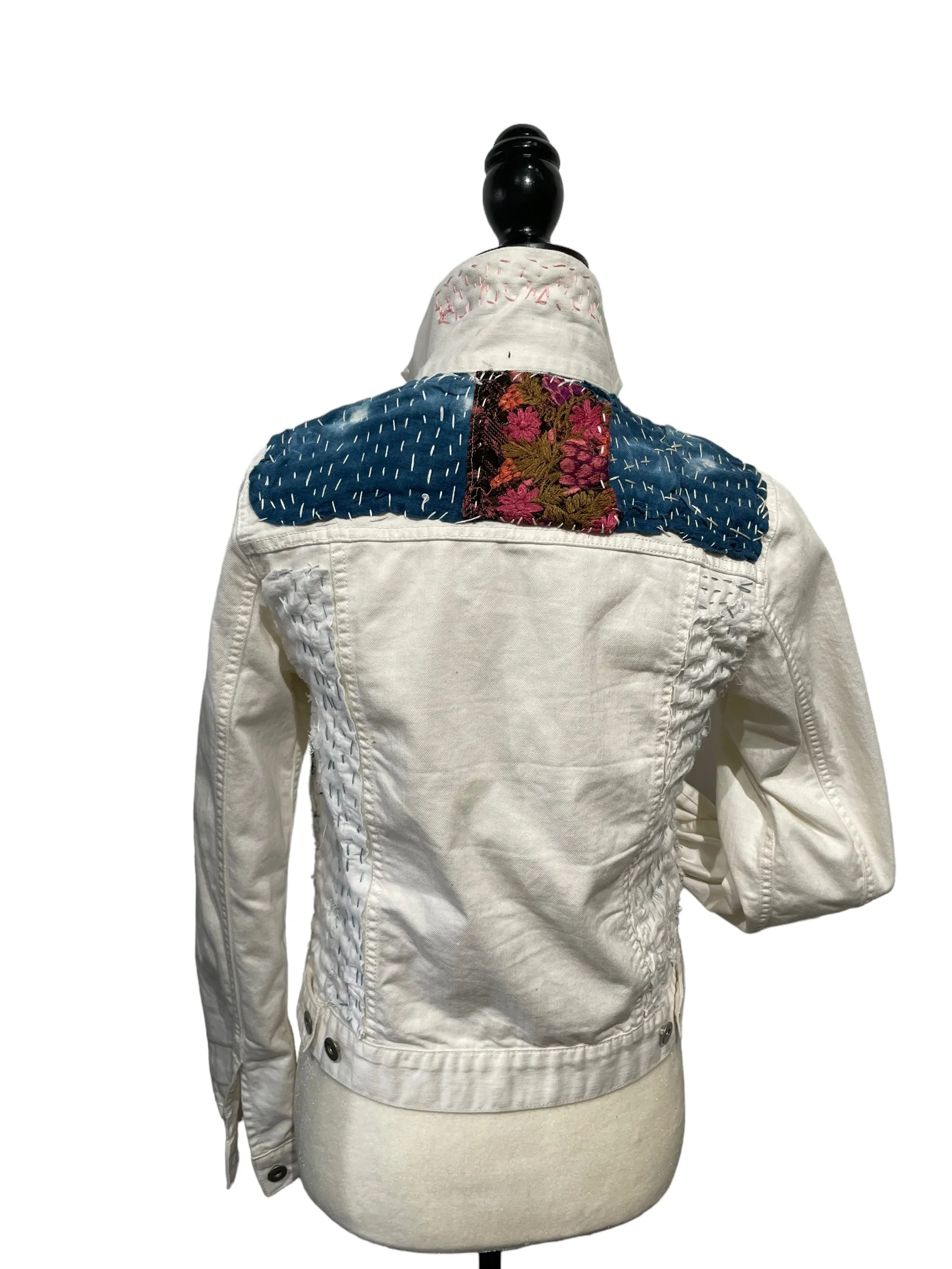 White Denim Jacket with linen vintage  textiles