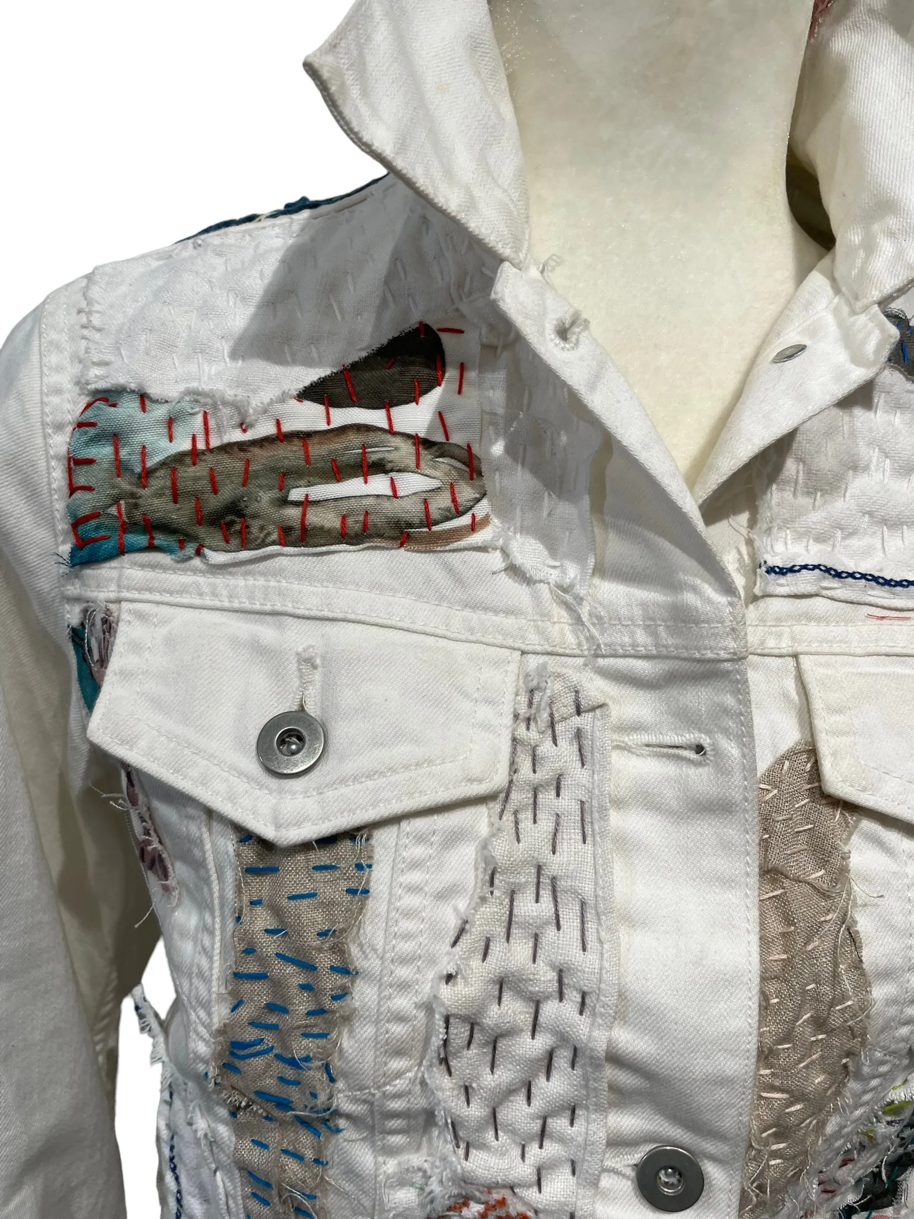 White Denim Jacket with linen vintage  textiles