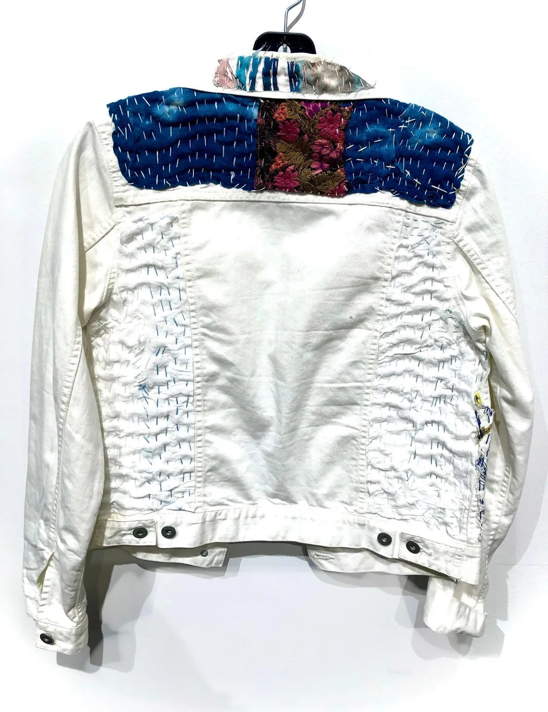 White Denim Jacket with linen vintage  textiles