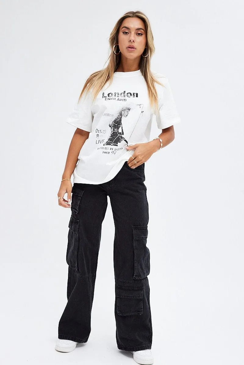 White Graphic Tee Short Sleeve Crew Neck Rock Oversized