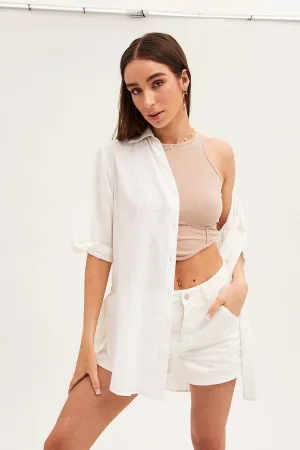 White Long Line Roll Sleeve Collared Button Front Shirt