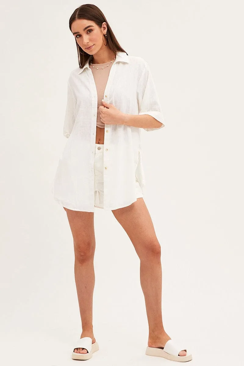 White Long Line Roll Sleeve Collared Button Front Shirt
