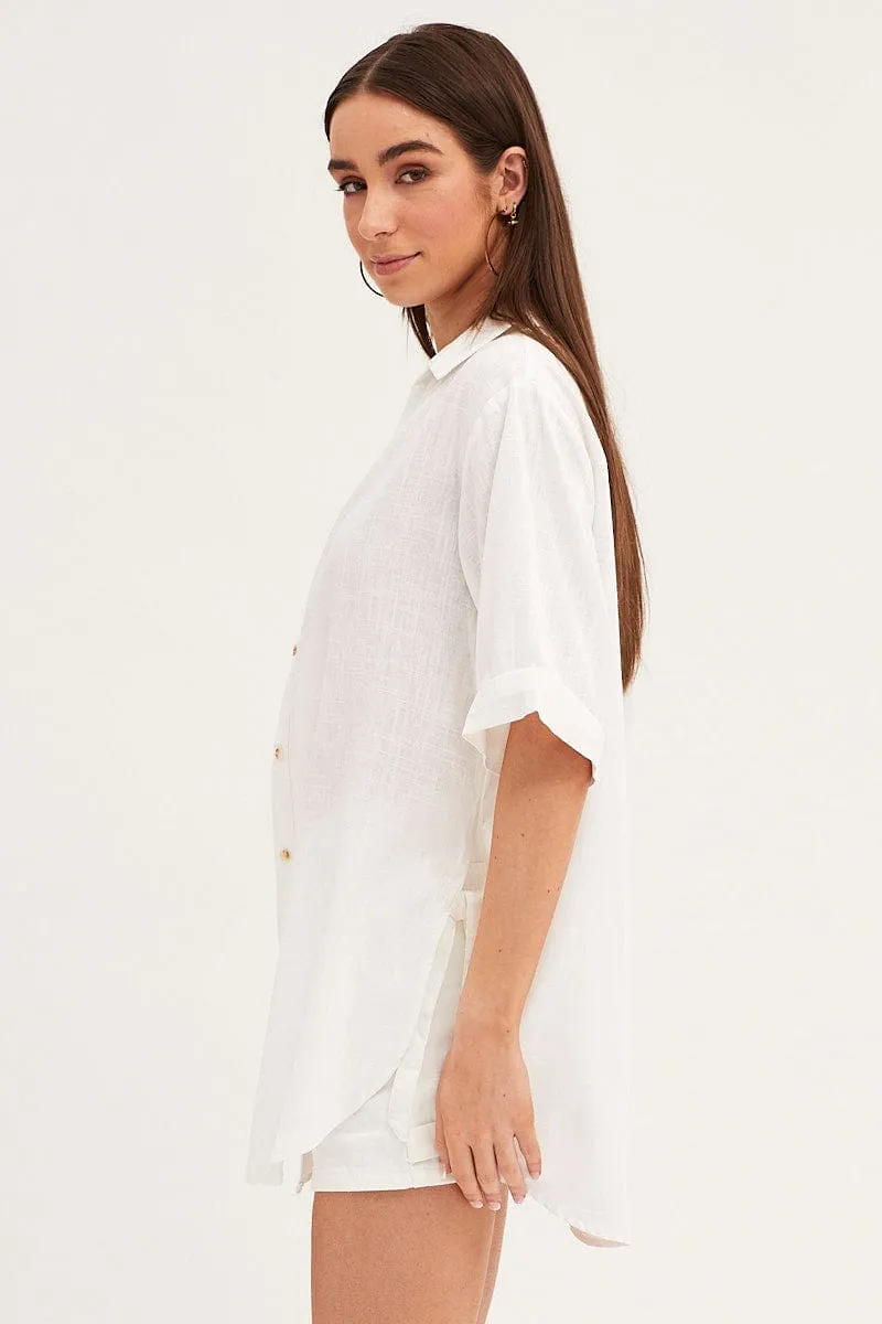 White Long Line Roll Sleeve Collared Button Front Shirt