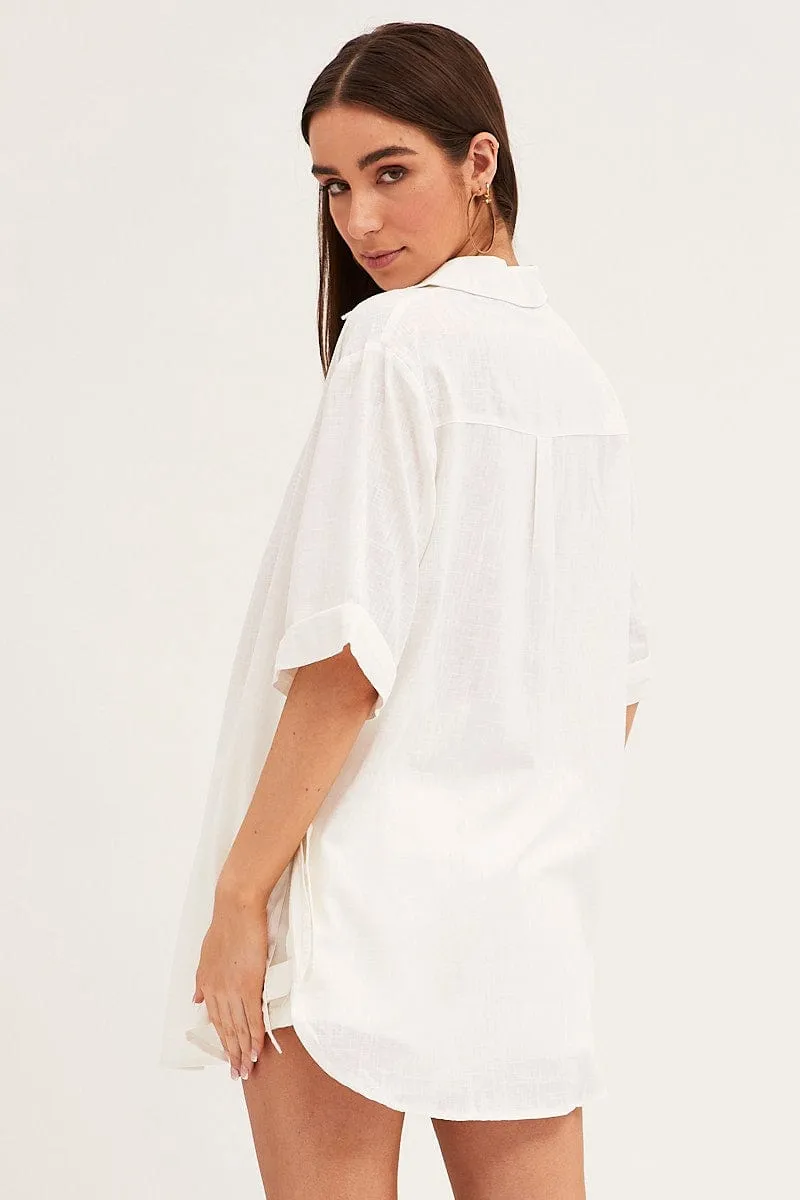 White Long Line Roll Sleeve Collared Button Front Shirt