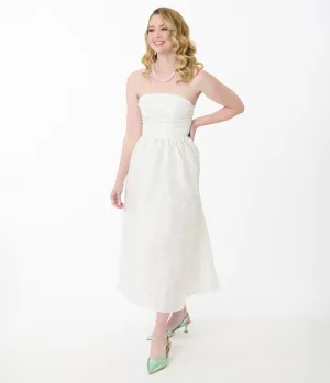 White Satin Jacquard Bandeau Midi Dress