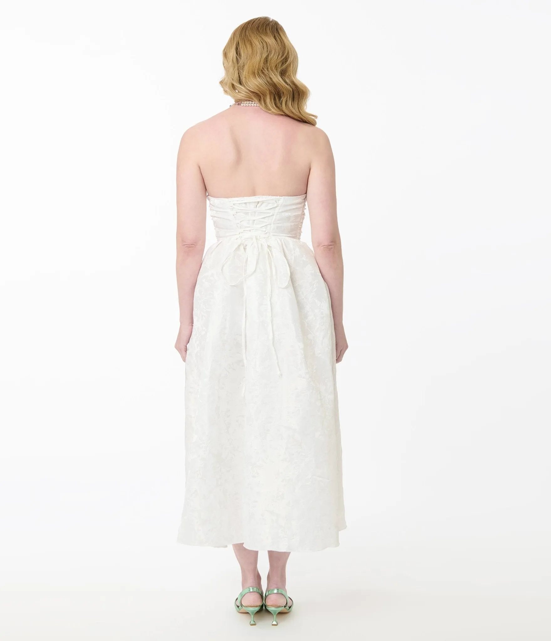 White Satin Jacquard Bandeau Midi Dress