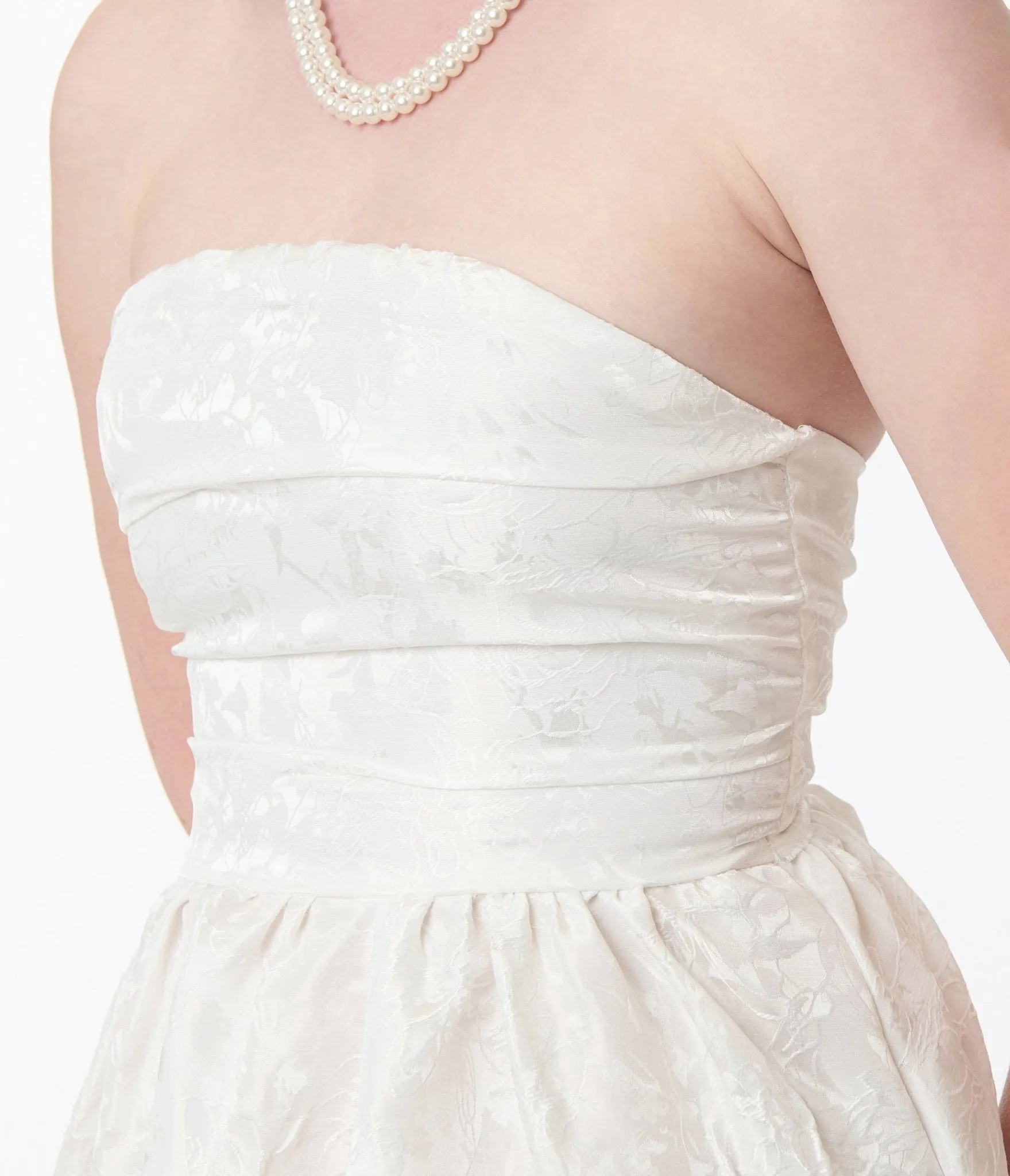White Satin Jacquard Bandeau Midi Dress