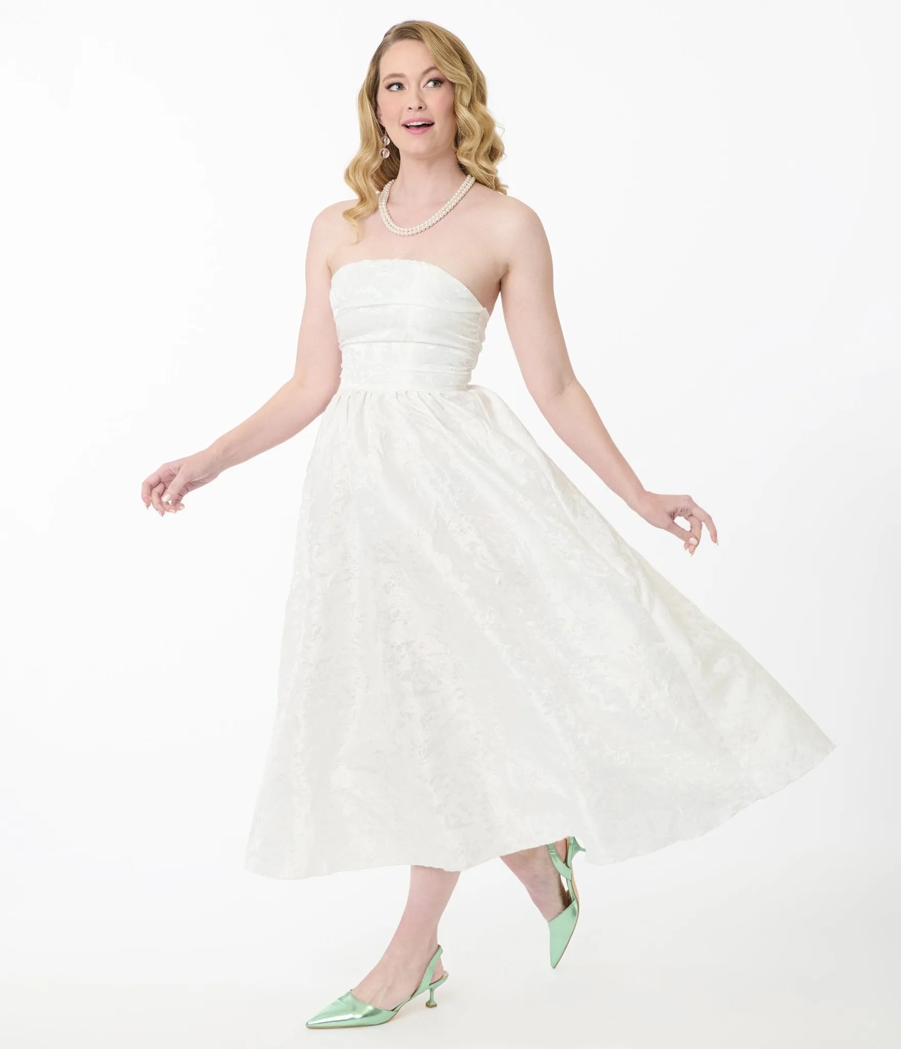 White Satin Jacquard Bandeau Midi Dress