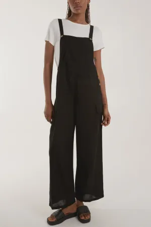 Wide Leg Linen Mix Dungarees - Black