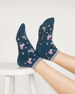 Womens Llama Ankle Organic Cotton Socks - Lake Blue