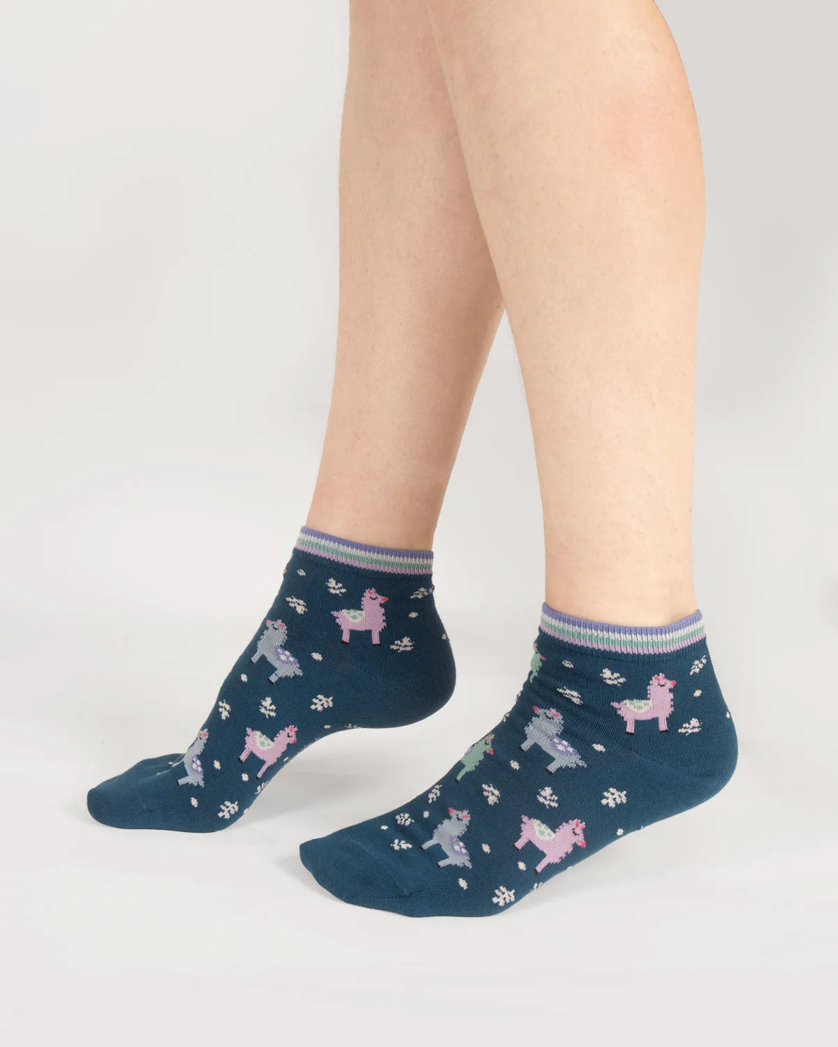 Womens Llama Ankle Organic Cotton Socks - Lake Blue