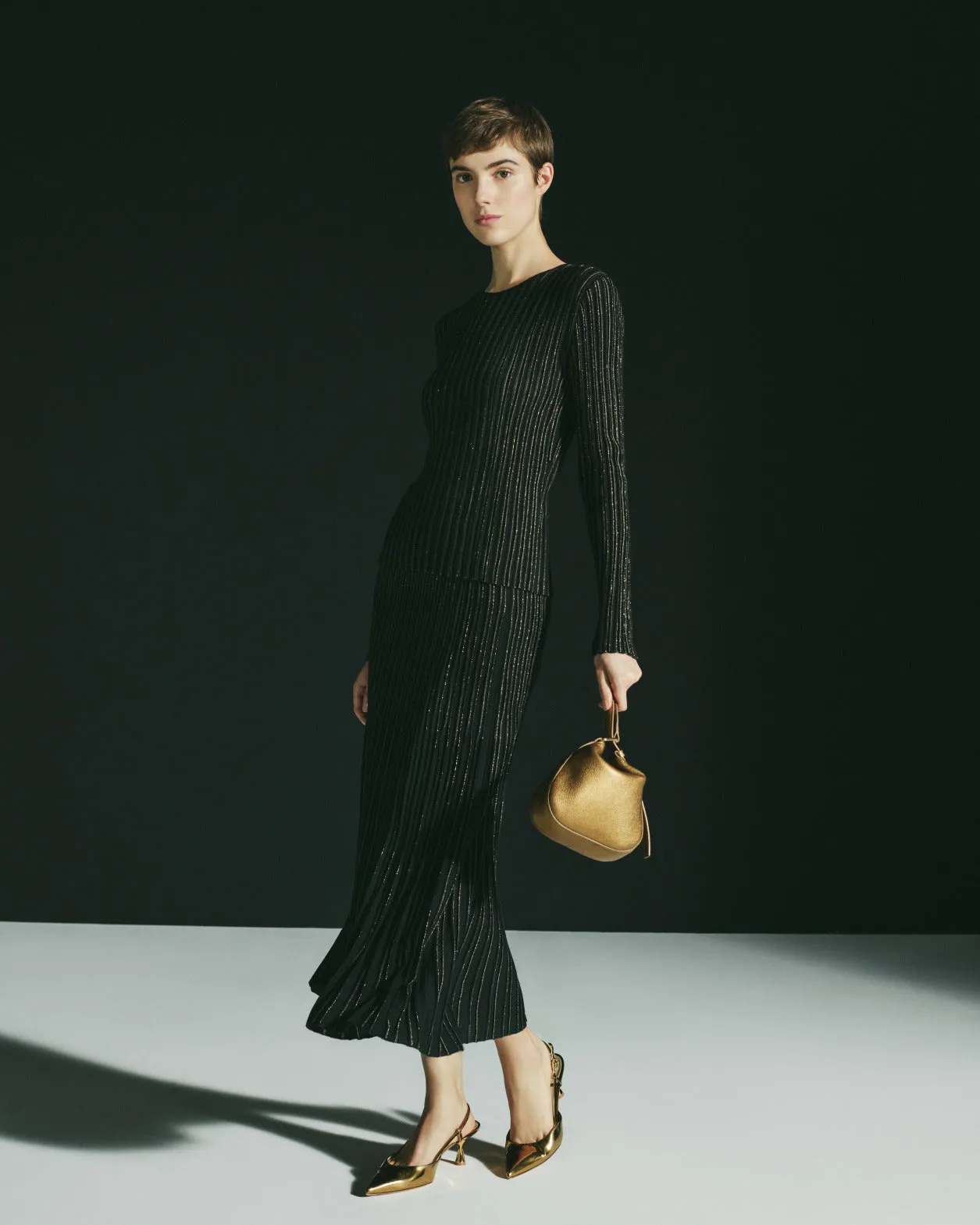 Wool Silk Rib and Lurex Striped Sweater