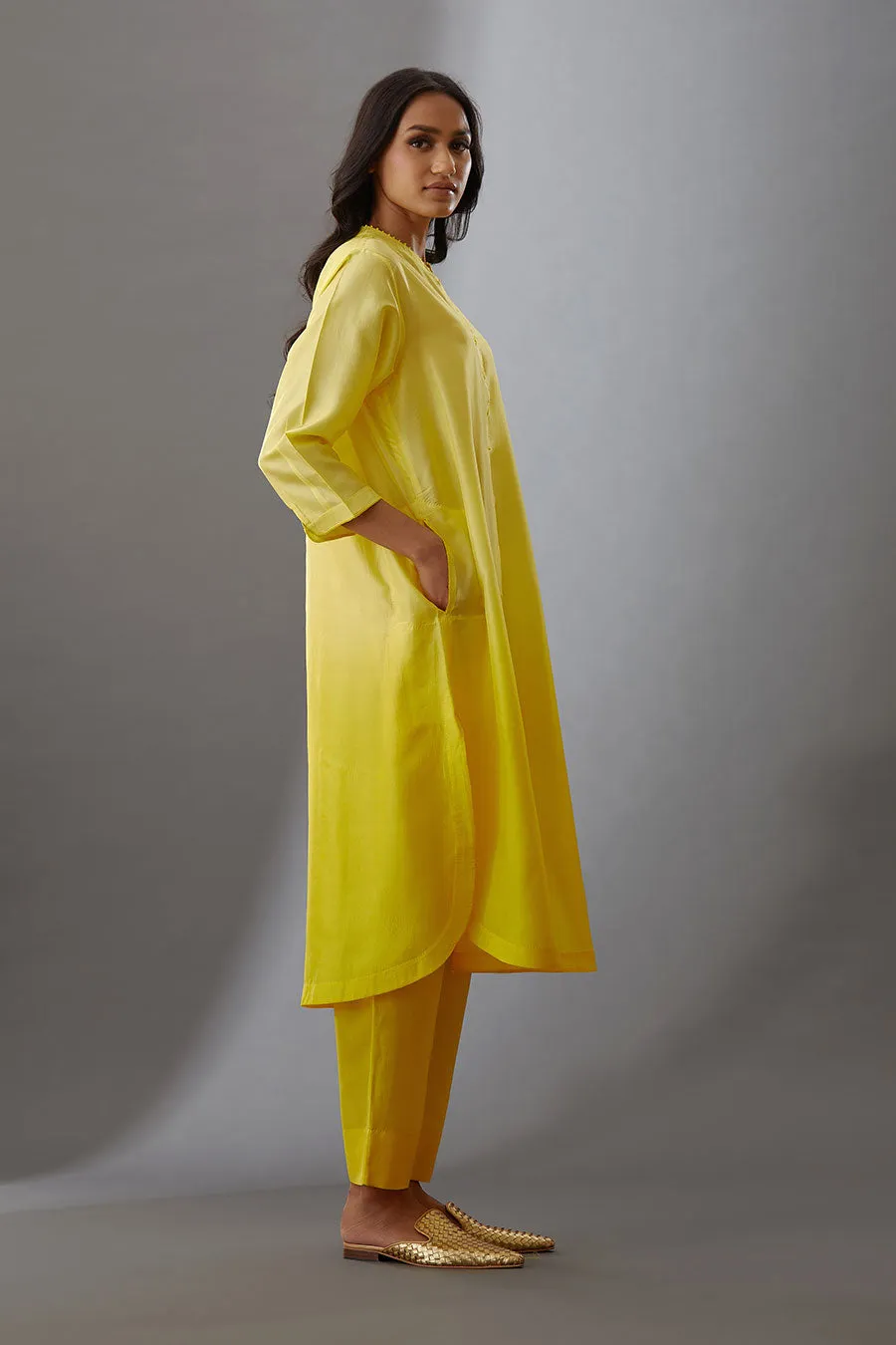Yellow Silk Embroidered Kurta & Pant Set