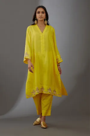Yellow Silk Embroidered Kurta & Pant Set