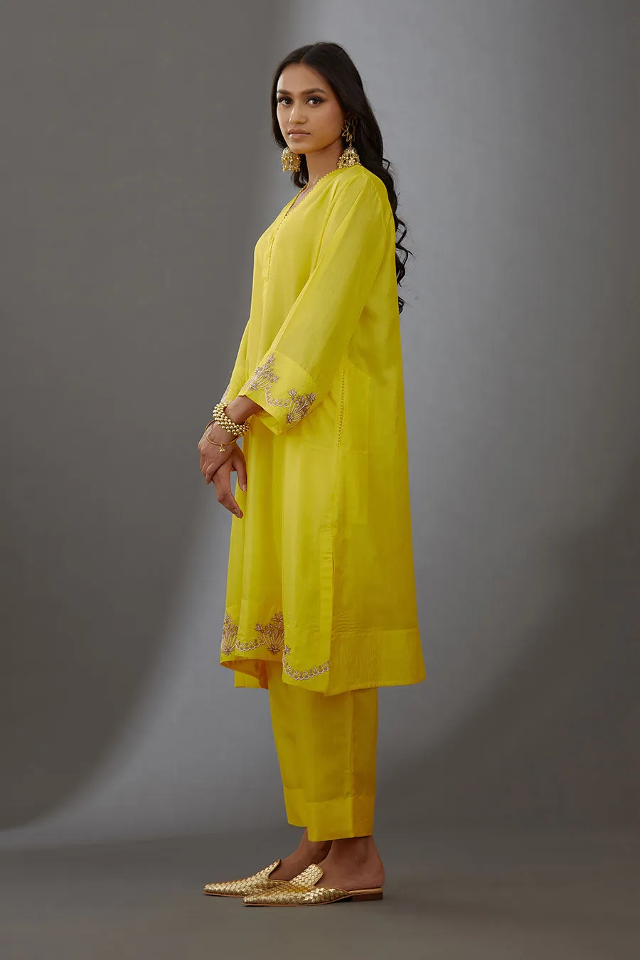 Yellow Silk Embroidered Kurta & Pant Set