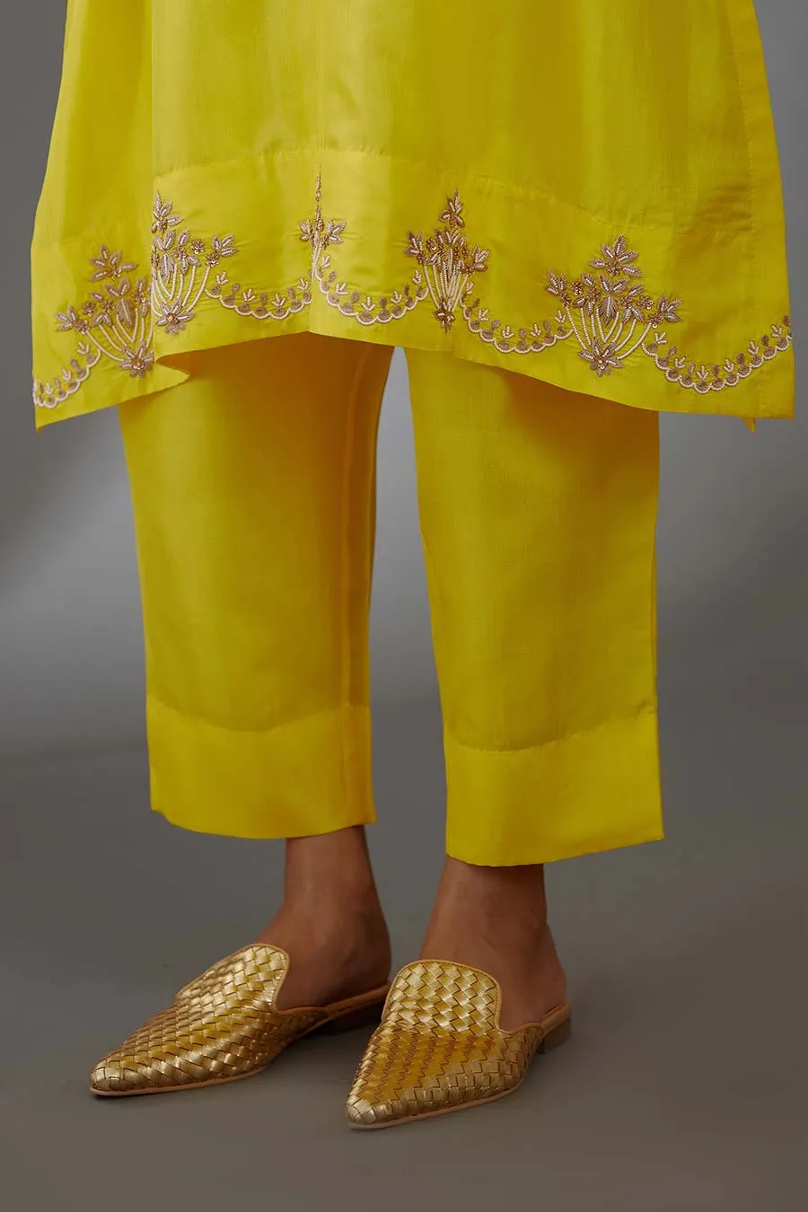 Yellow Silk Embroidered Kurta & Pant Set