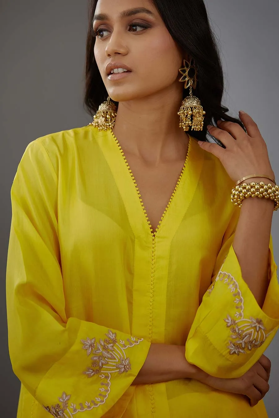 Yellow Silk Embroidered Kurta & Pant Set