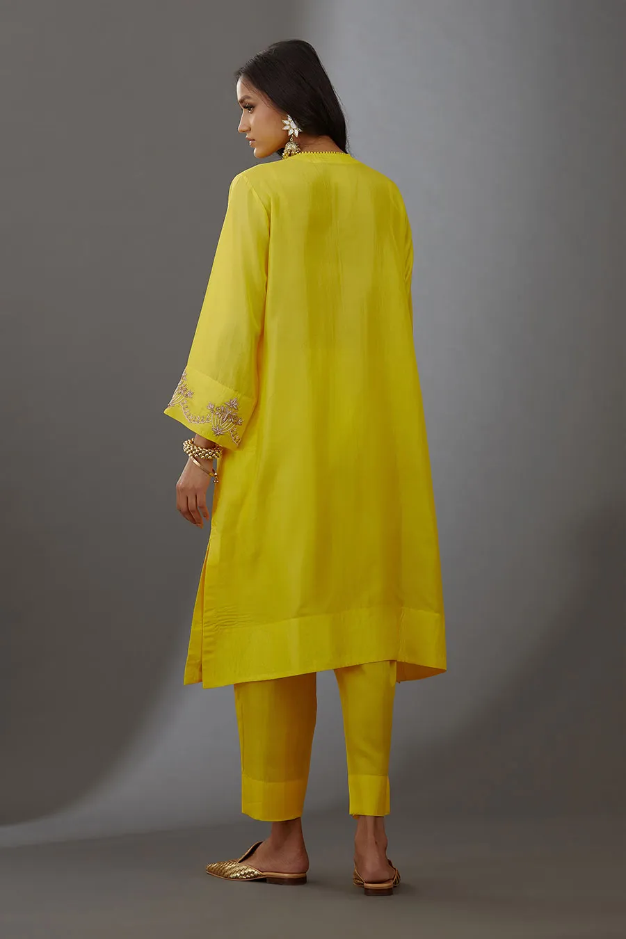 Yellow Silk Embroidered Kurta & Pant Set
