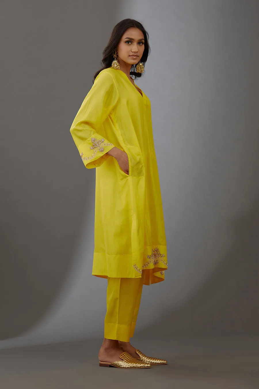 Yellow Silk Embroidered Kurta & Pant Set