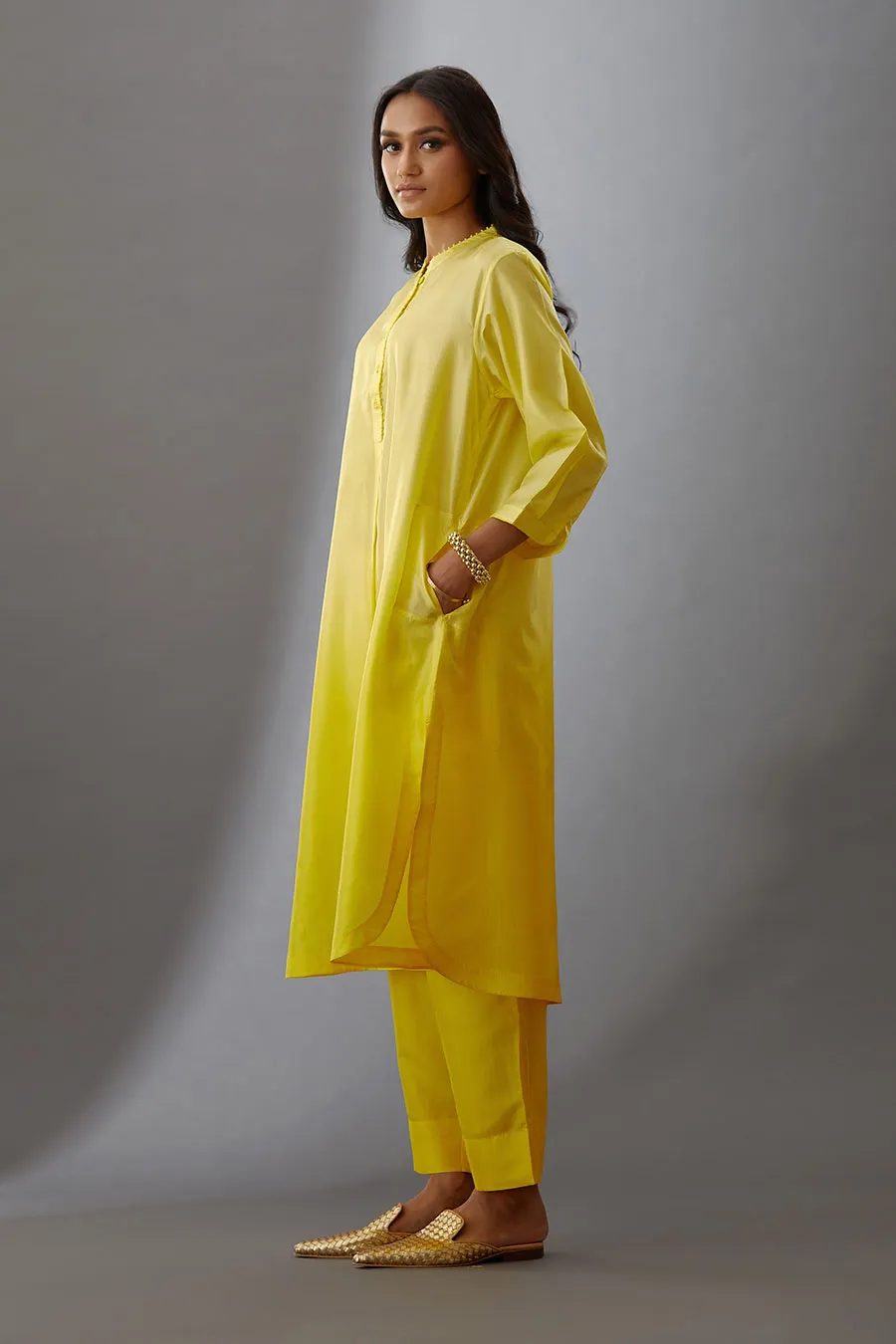 Yellow Silk Embroidered Kurta & Pant Set