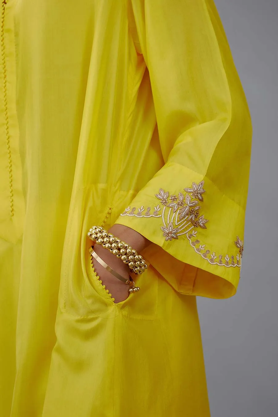 Yellow Silk Embroidered Kurta & Pant Set